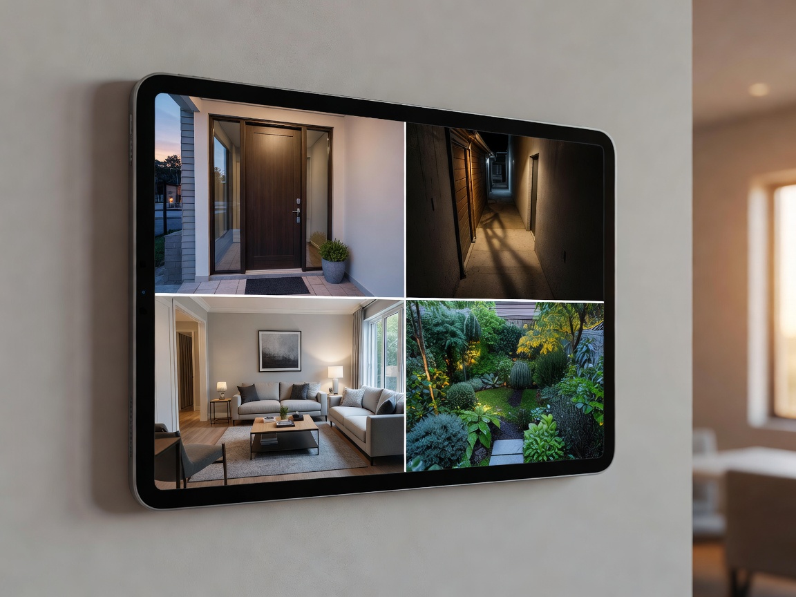 A smart home tablet displaying multiple camera feeds