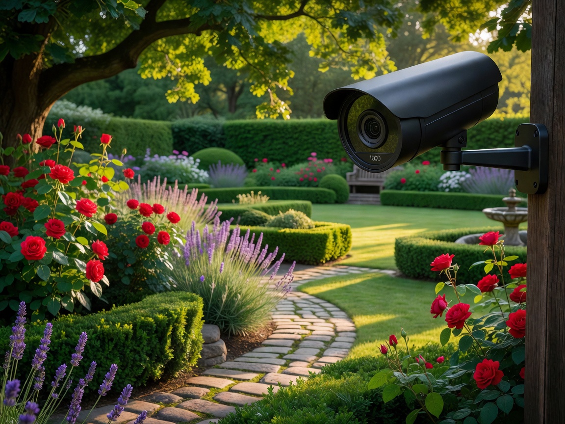 An outdoor security camera facing a garden