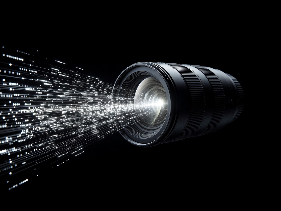 High contrast image showing a camera lens capturing light data in darkness