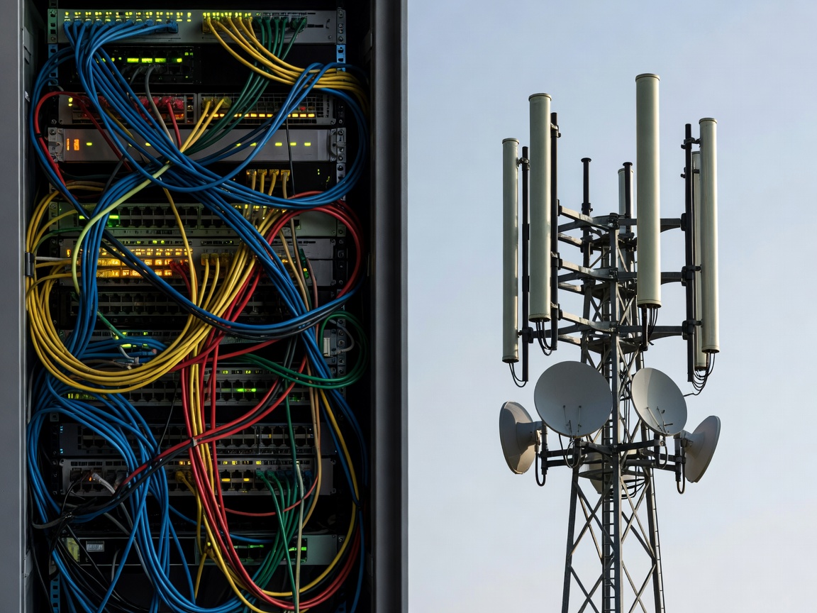 Network cables and wireless antennas contrasting wired vs wireless infrastructure