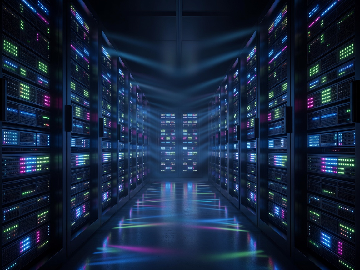 Server racks illuminated by neon lights indicating data storage servers