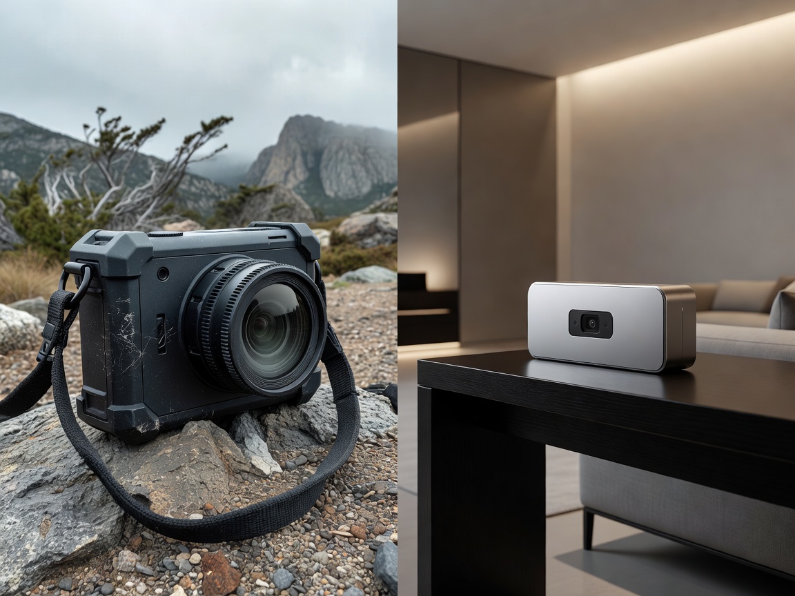 Split image showing a rugged outdoor camera and a sleek indoor camera