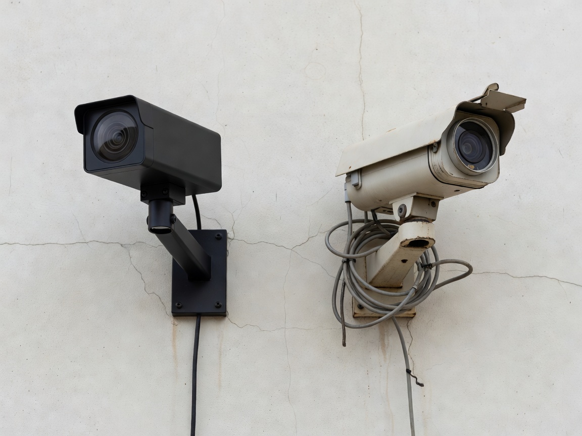 Two security cameras mounted on a wall comparing styles